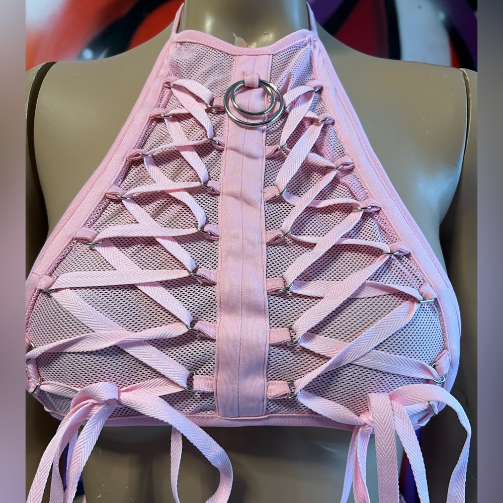 iHeartRaves ✨🩷✨Sugar Venom Lace Up Halter Top - Baby Pink - Medium